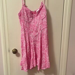 Pink and White Mini Dress with Floral Print and Spaghetti Straps